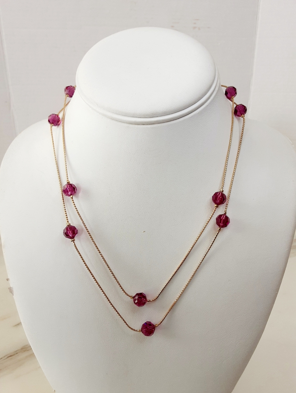 SWAROVSKI Red Berry Crystal Facuated Beaded Staion Gold Plated Necklace 35"